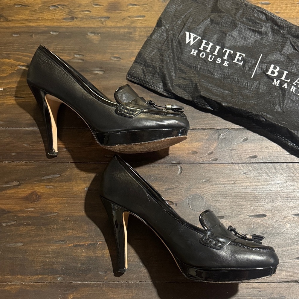 White House Black Market Black Leather Tassel Platform Stiletto Heels-Size 10